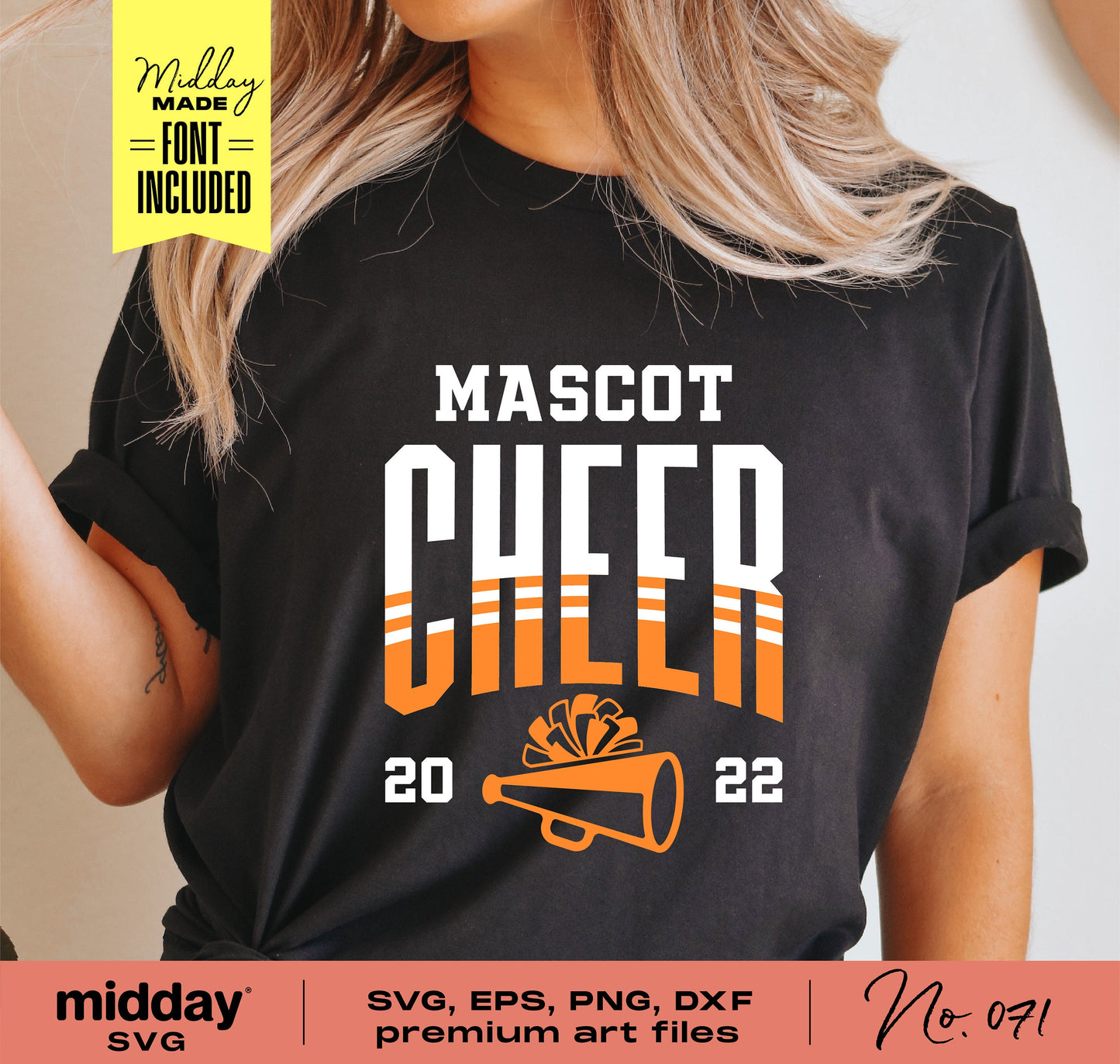 Black t-shirt with 'Mascot Cheer 2022' design featuring a megaphone and pom-poms, available in SVG, EPS, PNG, DXF formats.