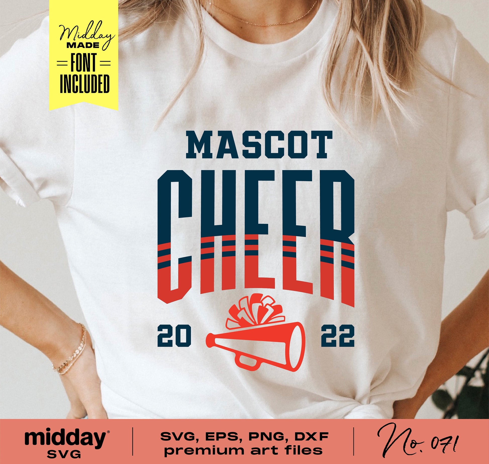 Cheer t-shirt with 'Mascot Cheer 2022' design featuring a megaphone and pom poms, available in SVG, EPS, PNG, DXF formats by midday SVG.