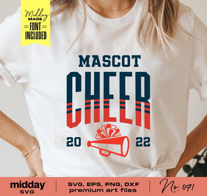Cheer t-shirt with 'Mascot Cheer 2022' design featuring a megaphone and pom poms, available in SVG, EPS, PNG, DXF formats by midday SVG.