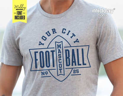 Gray t-shirt featuring custom football team logo design, perfect for game day and sports fans, Cricut and Silhouette compatible.