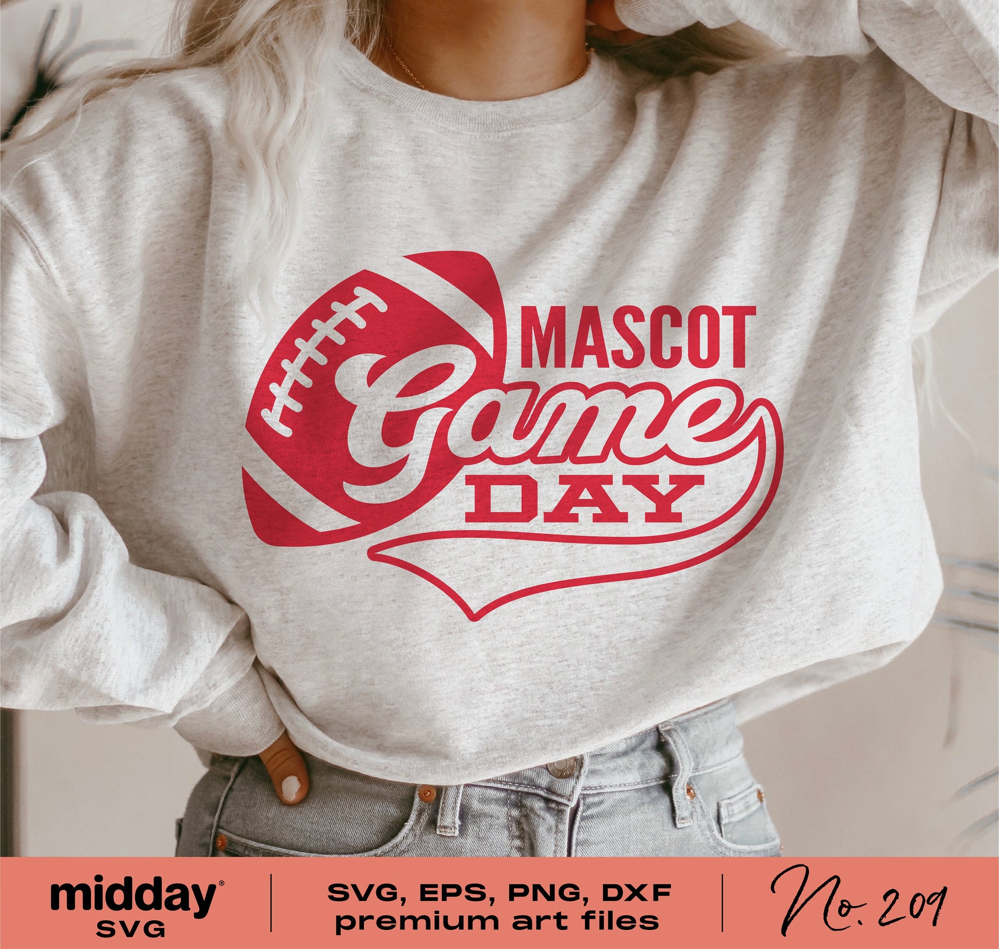 Person wearing a gray sweatshirt with red text 'Mascot Game Day' and football graphic. Includes SVG, EPS, PNG, DXF art files.