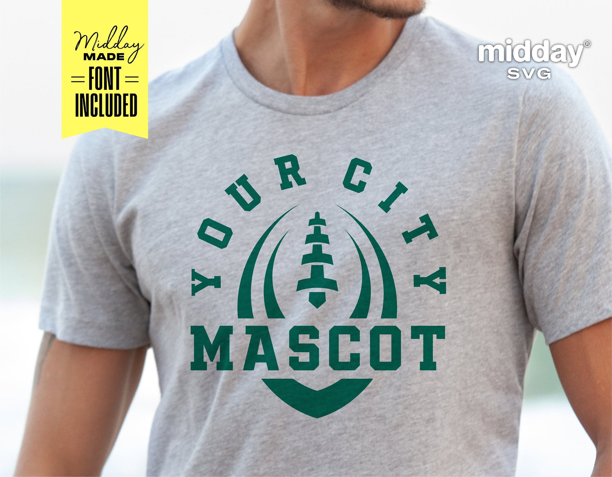 Gray t-shirt with customizable 'Your City Mascot' design in green for football teams, includes SVG cut files for Cricut and Silhouette.