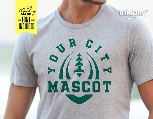 Gray t-shirt with customizable 'Your City Mascot' design in green for football teams, includes SVG cut files for Cricut and Silhouette.