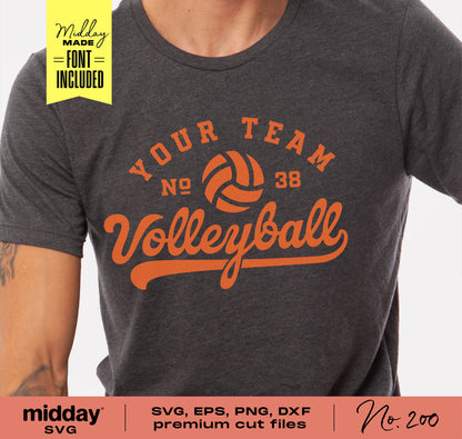 Volleyball team shirt design with customizable text, perfect for Cricut and Silhouette projects, includes SVG, PNG, DXF, EPS formats.