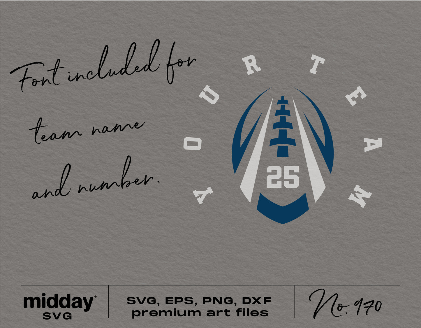 Football team template with customizable font for name and number, includes SVG, PNG, DXF, EPS formats for Cricut and Silhouette.
