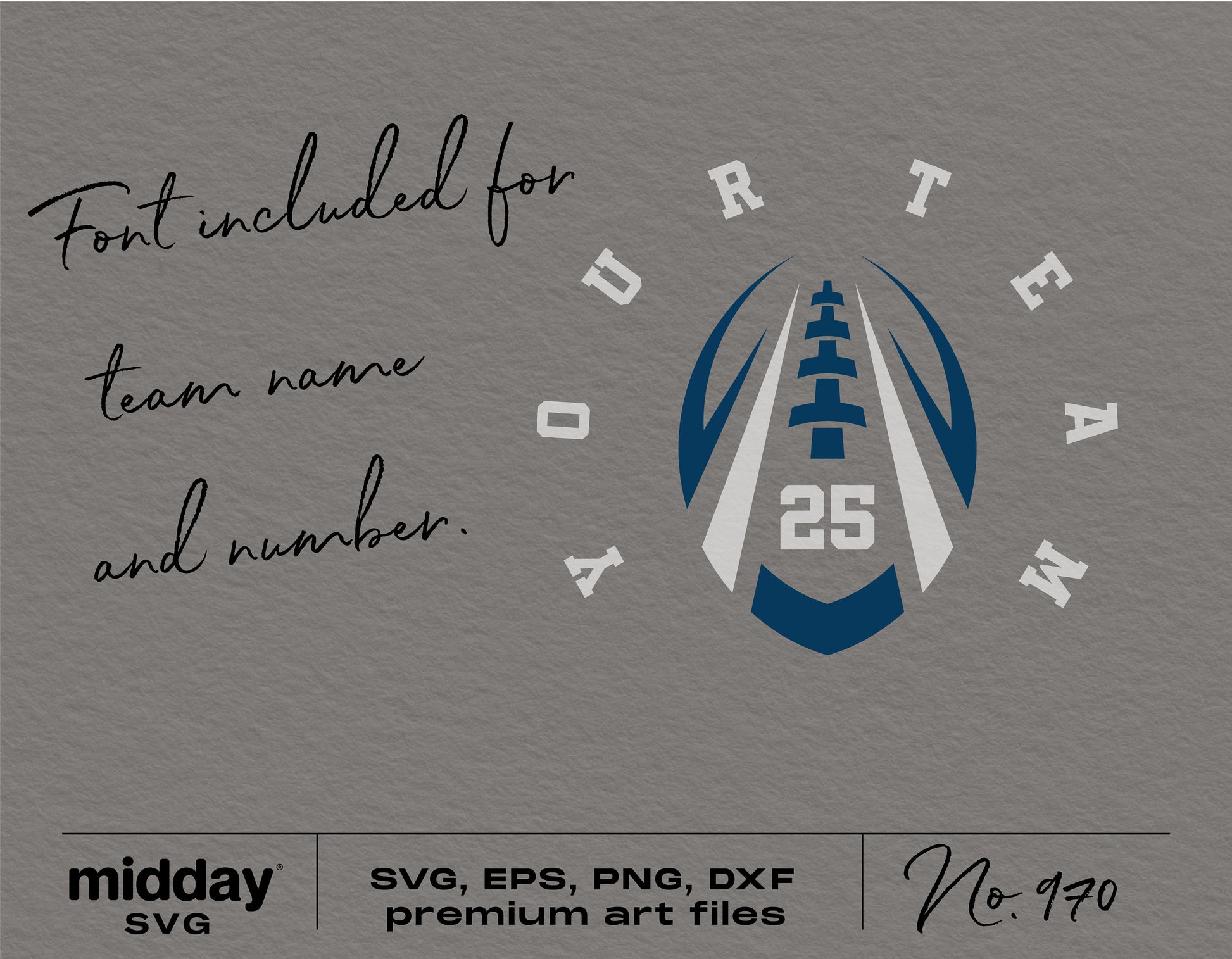 Football team template with customizable font for name and number, includes SVG, PNG, DXF, EPS formats for Cricut and Silhouette.
