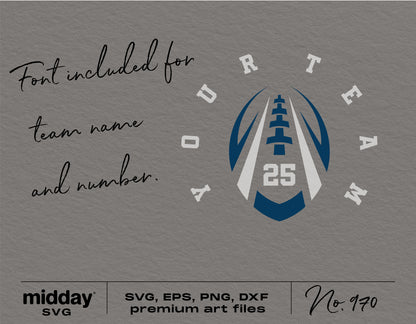 Football team template with customizable font for name and number, includes SVG, PNG, DXF, EPS formats for Cricut and Silhouette.