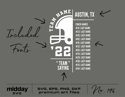Football team roster template with names and numbers, featuring included fonts and SVG, EPS, PNG, DXF formats for Cricut and Silhouette.