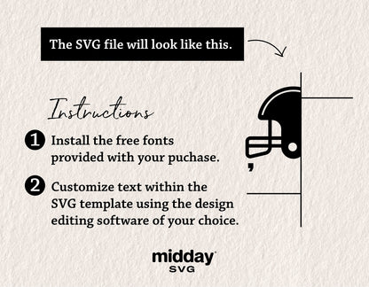 Instructions for editing SVG football team banner, including font installation and template customization guidance.