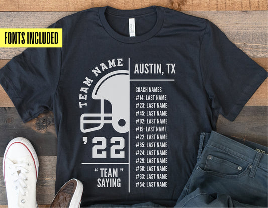 Black t-shirt with customizable football team roster design, including player and coach names, featuring a helmet graphic. Fonts included.