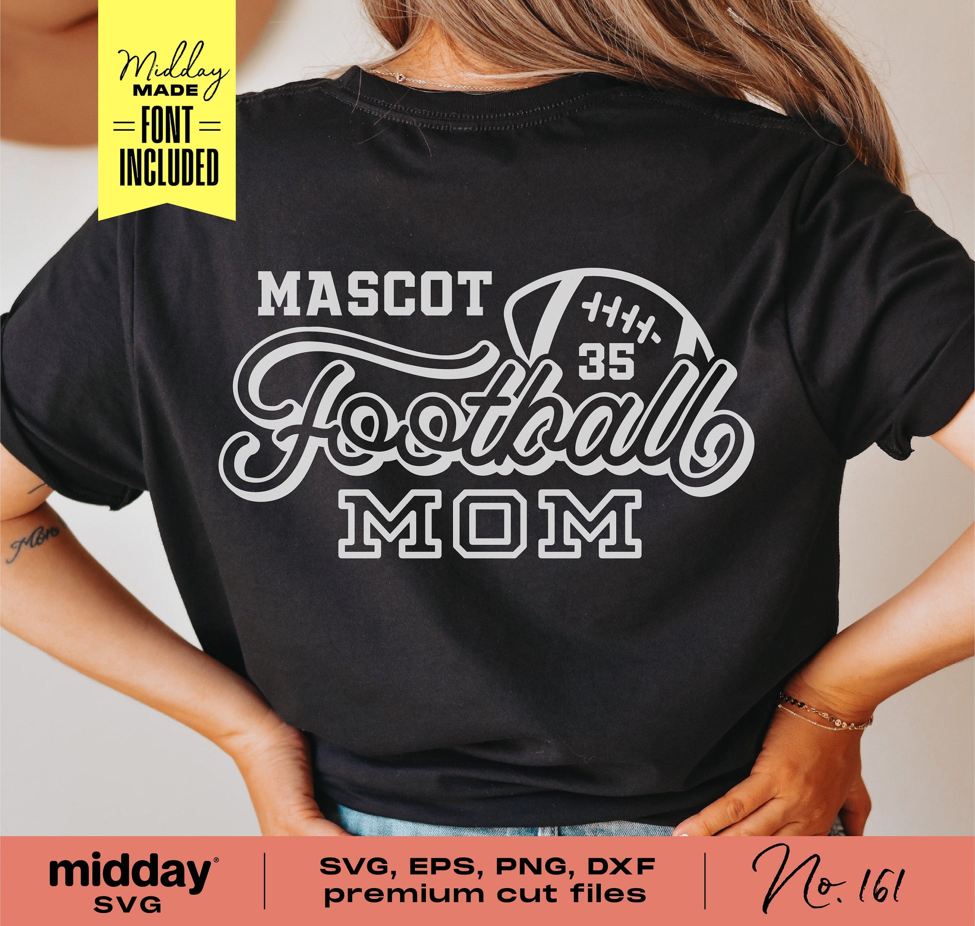 Back view of woman wearing black Football Mom shirt with mascot design, featuring SVG, EPS, PNG, DXF formats for Cricut and Silhouette.