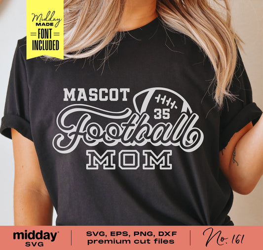 Woman wearing a 'Mascot 35 Football Mom' shirt, showcasing football-themed SVG design for Cricut and Silhouette cutting machines.
