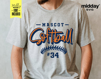 Gray t-shirt featuring a "Mascot Softball #34" design, ideal Cricut cut file for team shirts, including font installation.