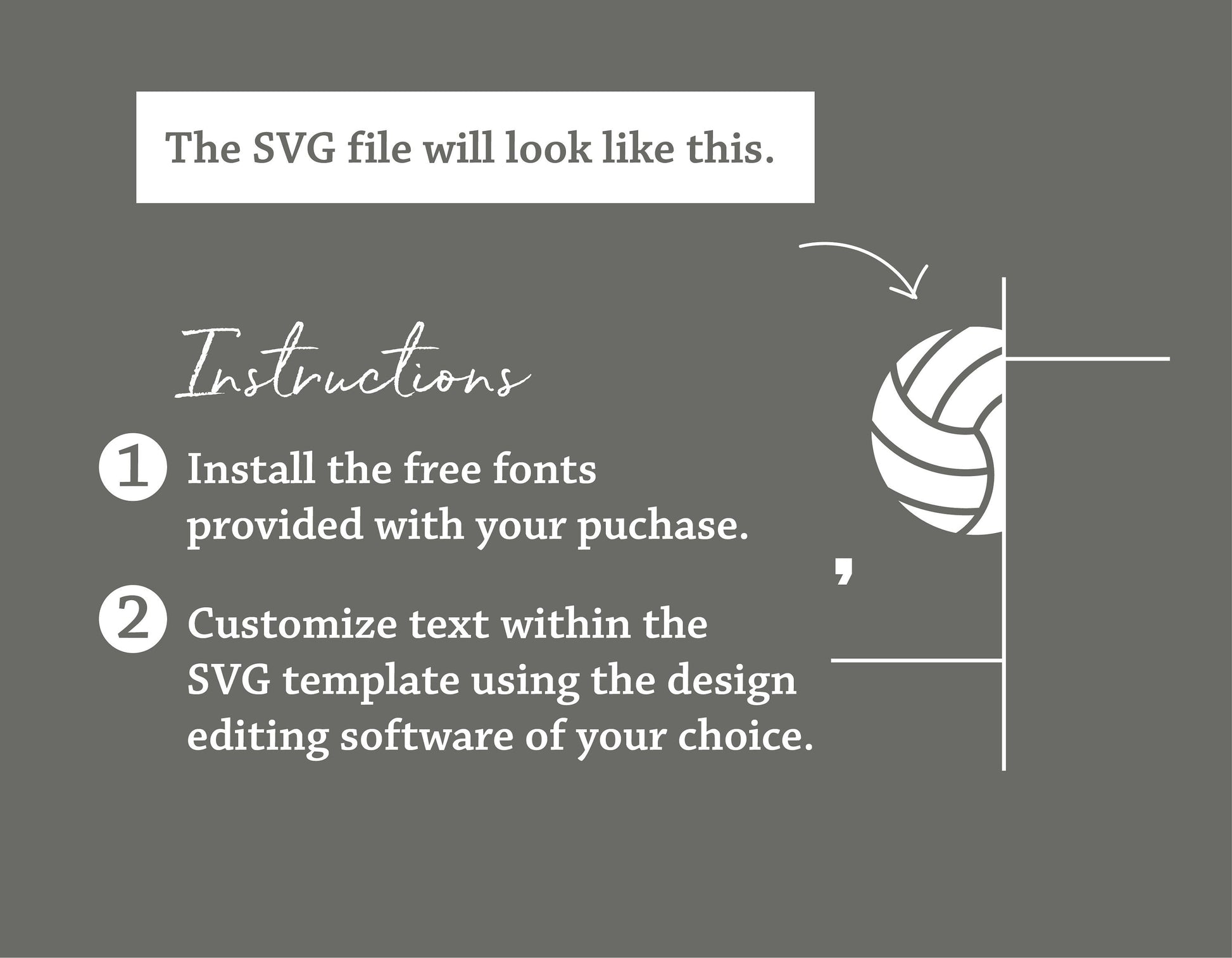 Volleyball team SVG template instructions for customizing text and installing fonts with software for personalized designs.