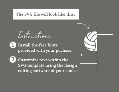 Volleyball team SVG template instructions for customizing text and installing fonts with software for personalized designs.