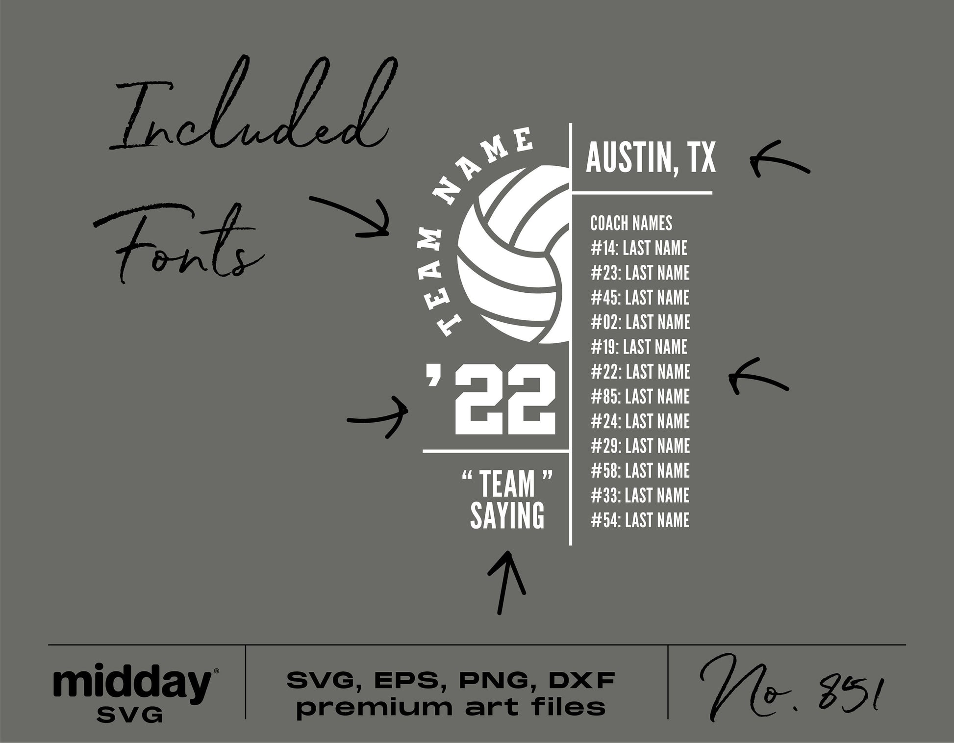 Volleyball team logo SVG template with editable text, including coach and player names, ideal for Cricut and Silhouette projects.