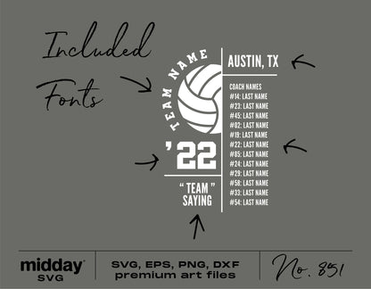 Volleyball team logo SVG template with editable text, including coach and player names, ideal for Cricut and Silhouette projects.