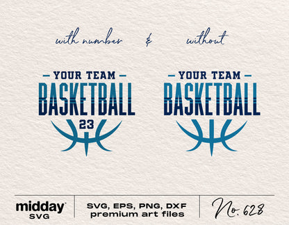 Basketball team SVG template with editable number and text options, includes formats for Cricut and Silhouette.