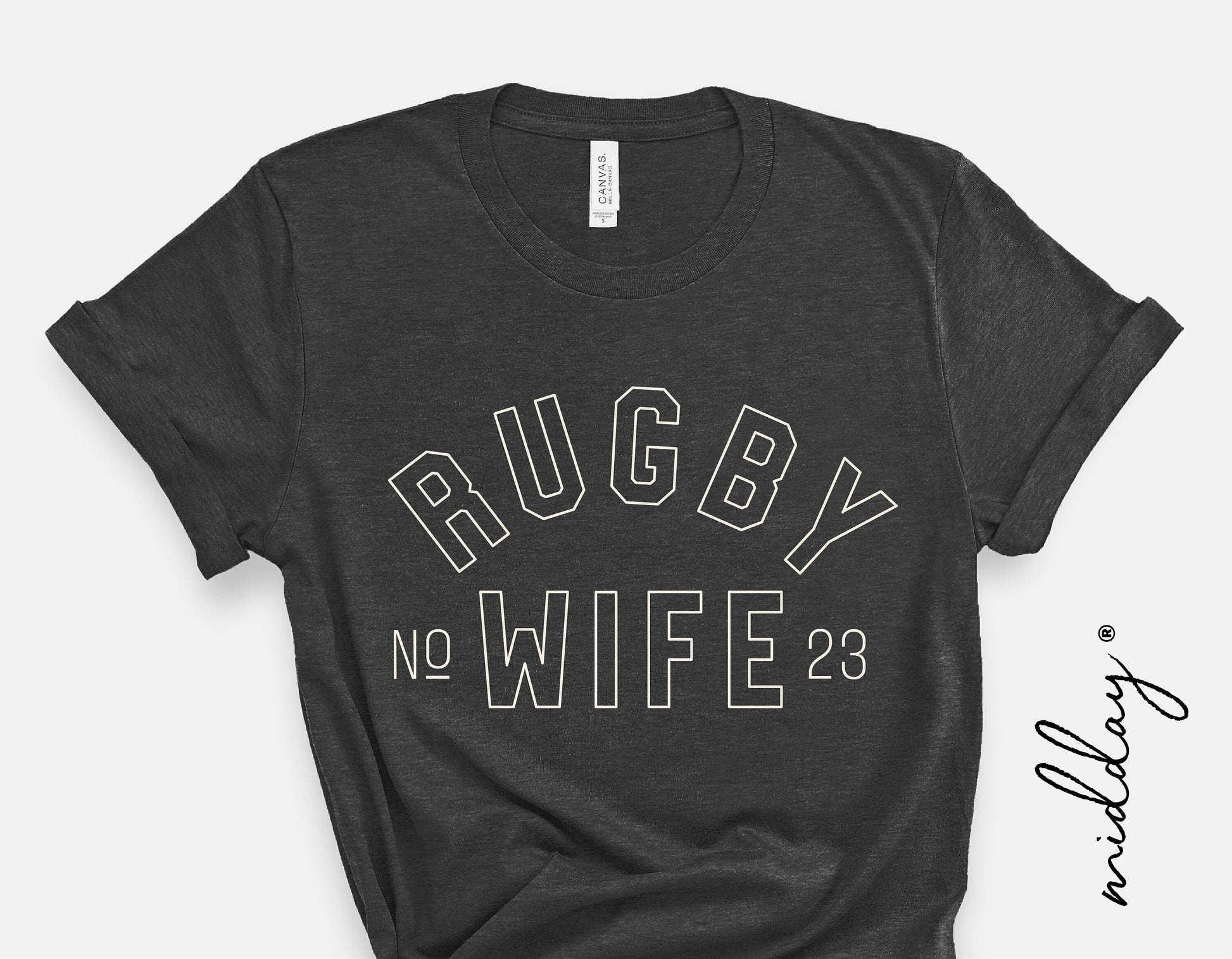Black t-shirt featuring 'Rugby Wife NO. 23' design, ideal for Cricut cut files, sublimation, and crafting enthusiasts.