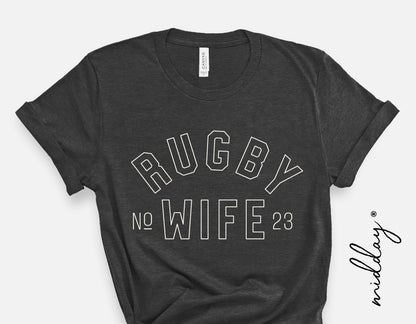 Black t-shirt featuring 'Rugby Wife NO. 23' design, ideal for Cricut cut files, sublimation, and crafting enthusiasts.