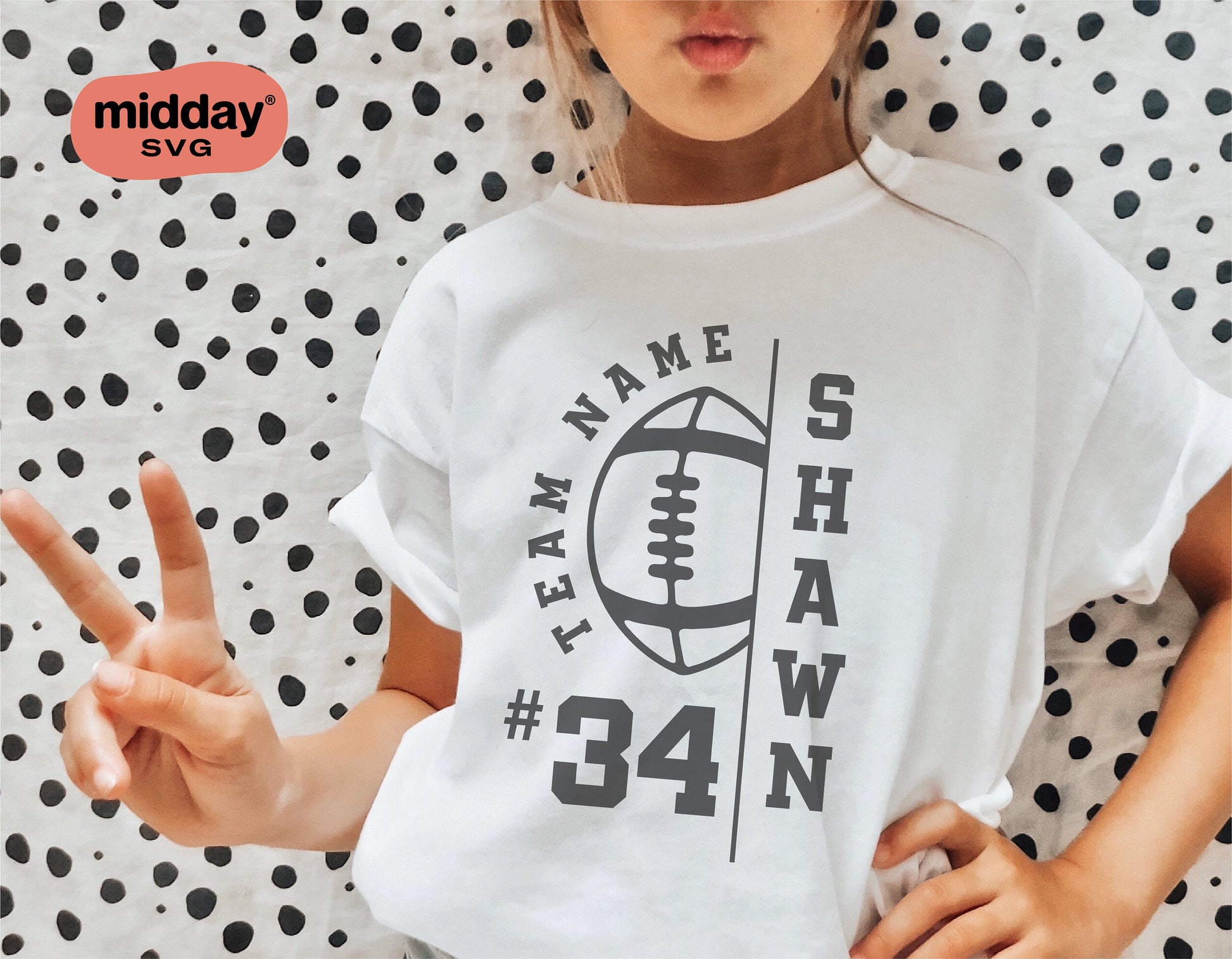 Girl wearing customized football jersey shirt with player name and number, perfect for Cricut and Silhouette designs.