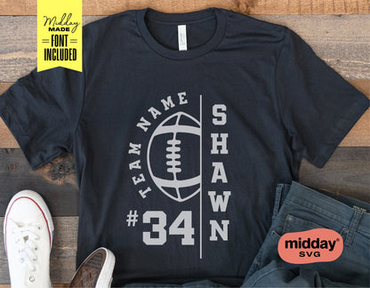 Black t-shirt featuring customizable football team design, with jersey number and player name, ideal for Cricut and Silhouette projects.