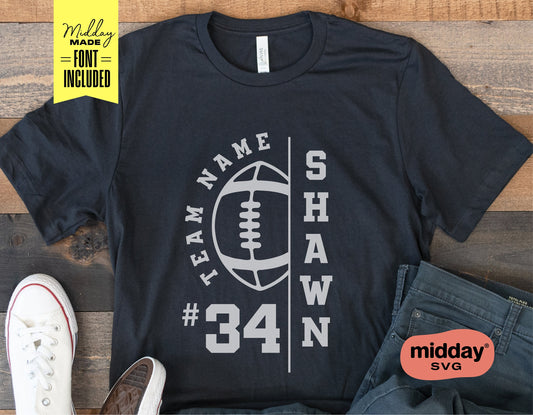 Black t-shirt featuring customizable football team design, with jersey number and player name, ideal for Cricut and Silhouette projects.