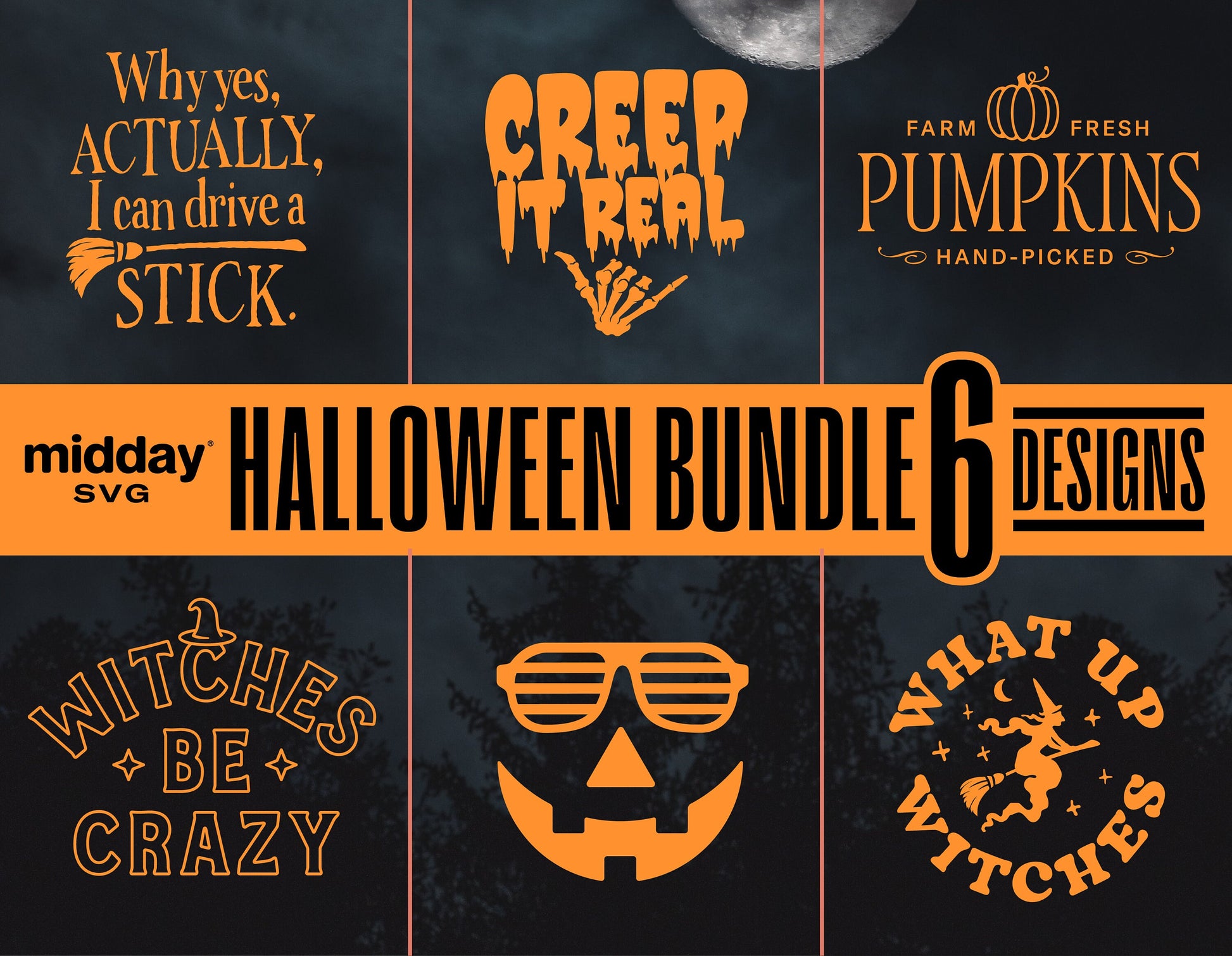 Halloween SVG Bundle with 6 spooky designs featuring pumpkins, witches, and humorous phrases. Ideal for Cricut and sublimation projects.