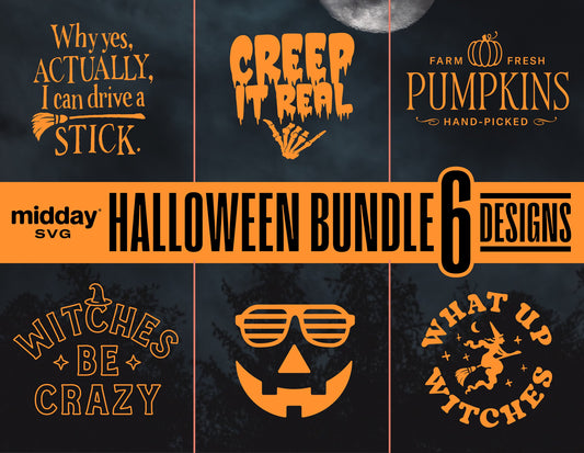 Halloween SVG Bundle with 6 spooky designs featuring pumpkins, witches, and humorous phrases. Ideal for Cricut and sublimation projects.