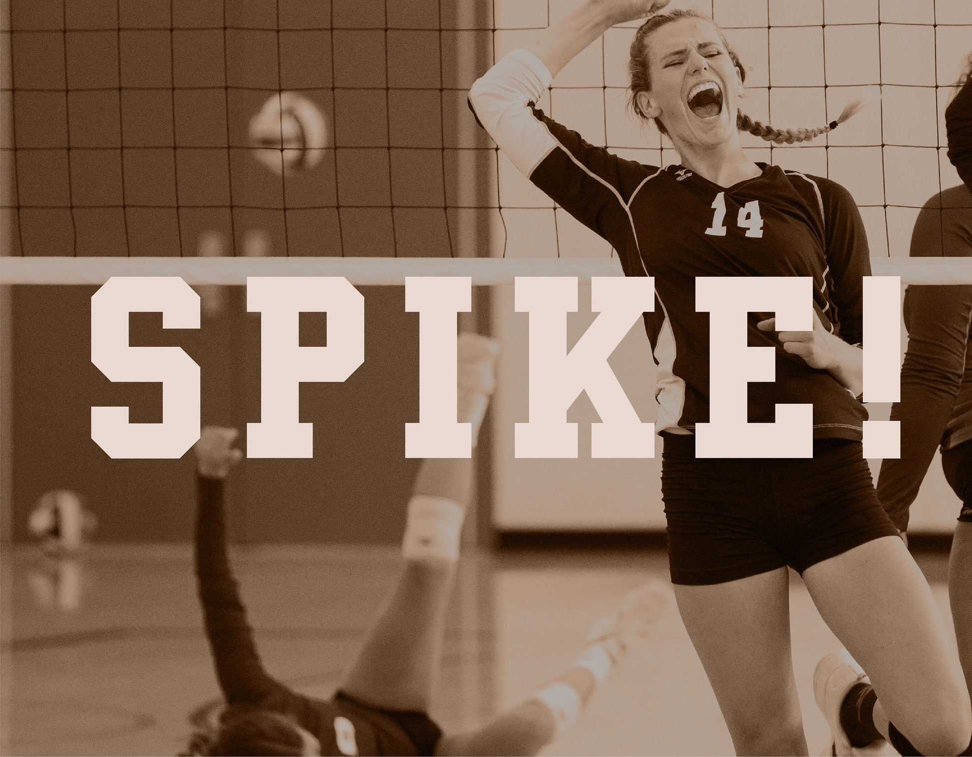 Volleyball player celebrating with 'SPIKE!' text in Rivalry Slab font, showcasing excitement and sports atmosphere.