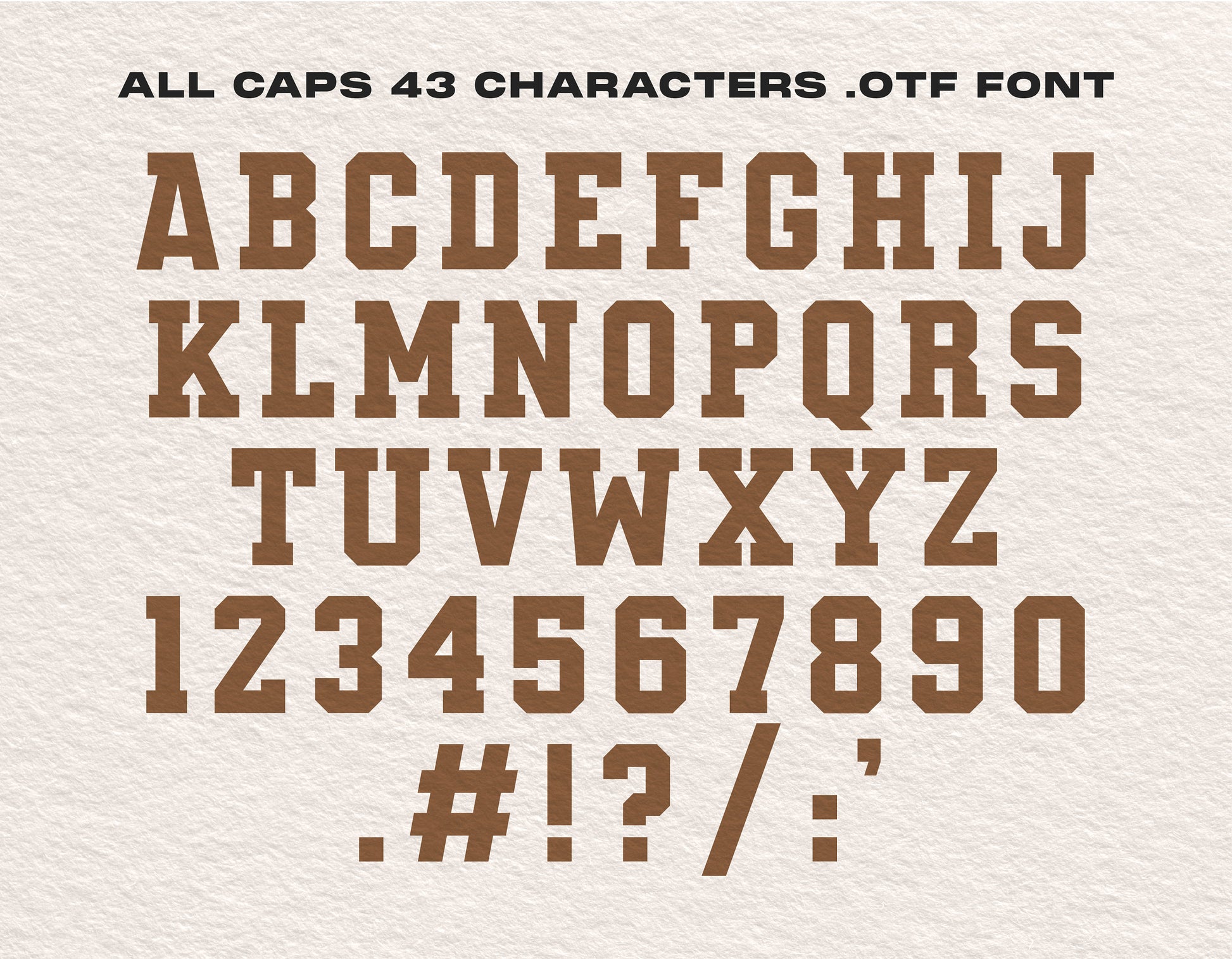 Rivalry Slab OTF font showing all caps letters, numbers, and symbols on textured background, ideal for sports and school themes.