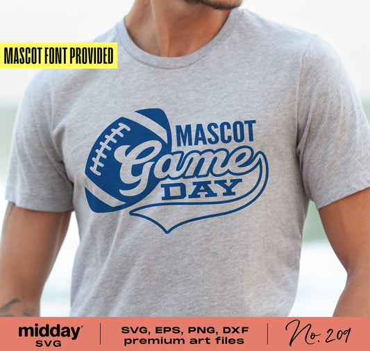 Game Day football t-shirt with mascot font, available in SVG, EPS, PNG, DXF formats from midday SVG, premium art files.