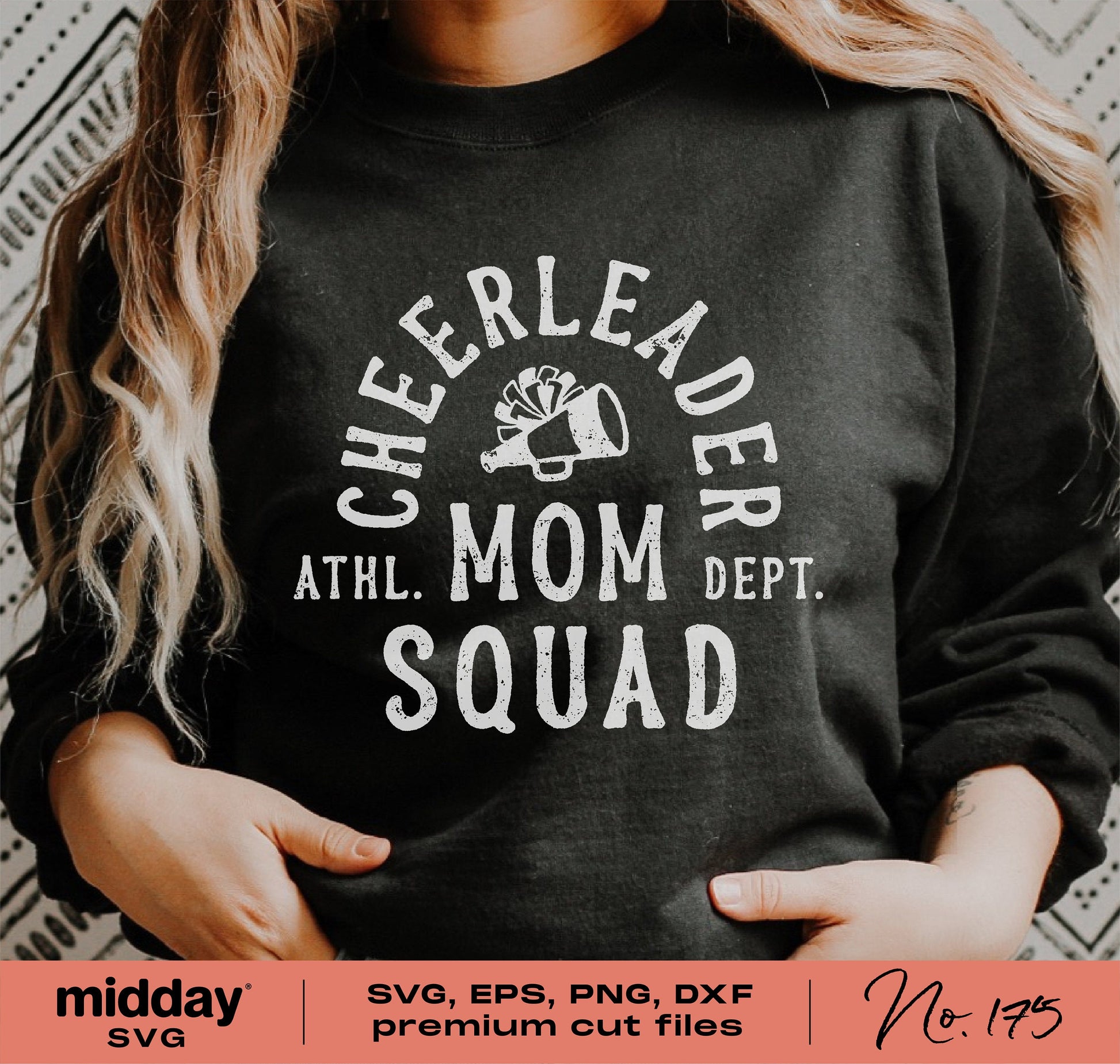 Woman wearing black 'Cheerleader Mom Squad' sweatshirt, SVG cut file display for Cricut and Silhouette projects.