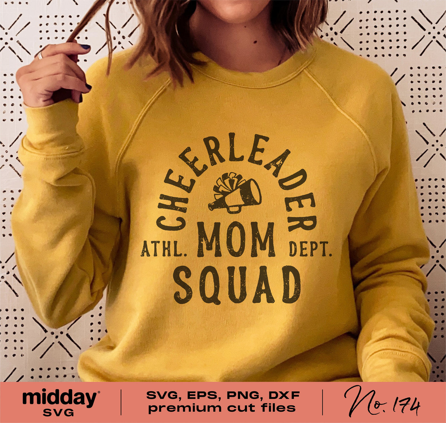 Yellow sweatshirt with 'Cheerleader Mom Squad' text, featuring cheerleading design, ideal for Cricut and Silhouette projects with SVG files.