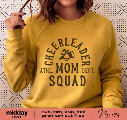 Yellow sweatshirt with 'Cheerleader Mom Squad' text, featuring cheerleading design, ideal for Cricut and Silhouette projects with SVG files.