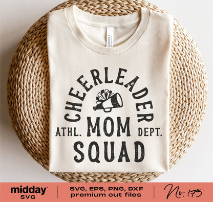 Cheerleader Mom Squad t-shirt design on display, featuring megaphone graphic and sports-themed typography for Cricut and Silhouette projects.