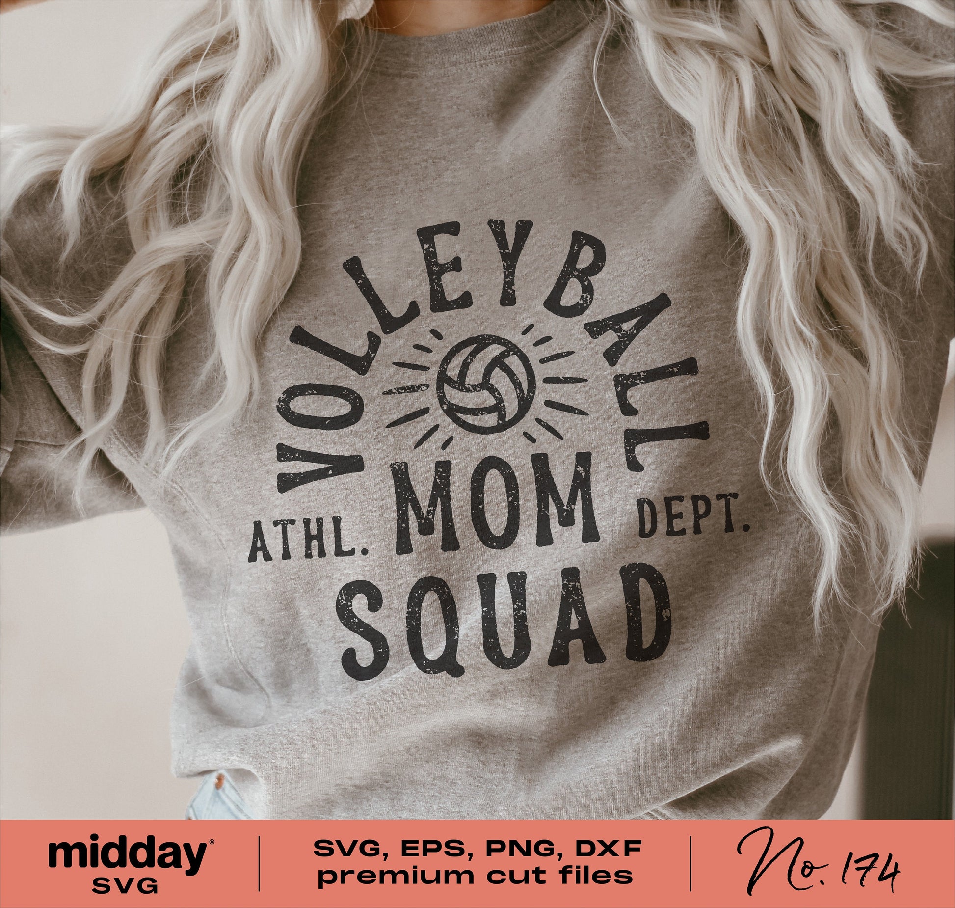 Gray sweatshirt with 'Volleyball Mom Squad' design, available in SVG, PNG, DXF formats for Cricut and Silhouette.