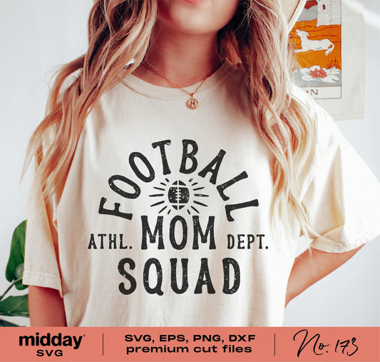 Woman wearing Football Mom Squad shirt, design available in SVG, PNG, DXF, EPS for Cricut and Silhouette projects.