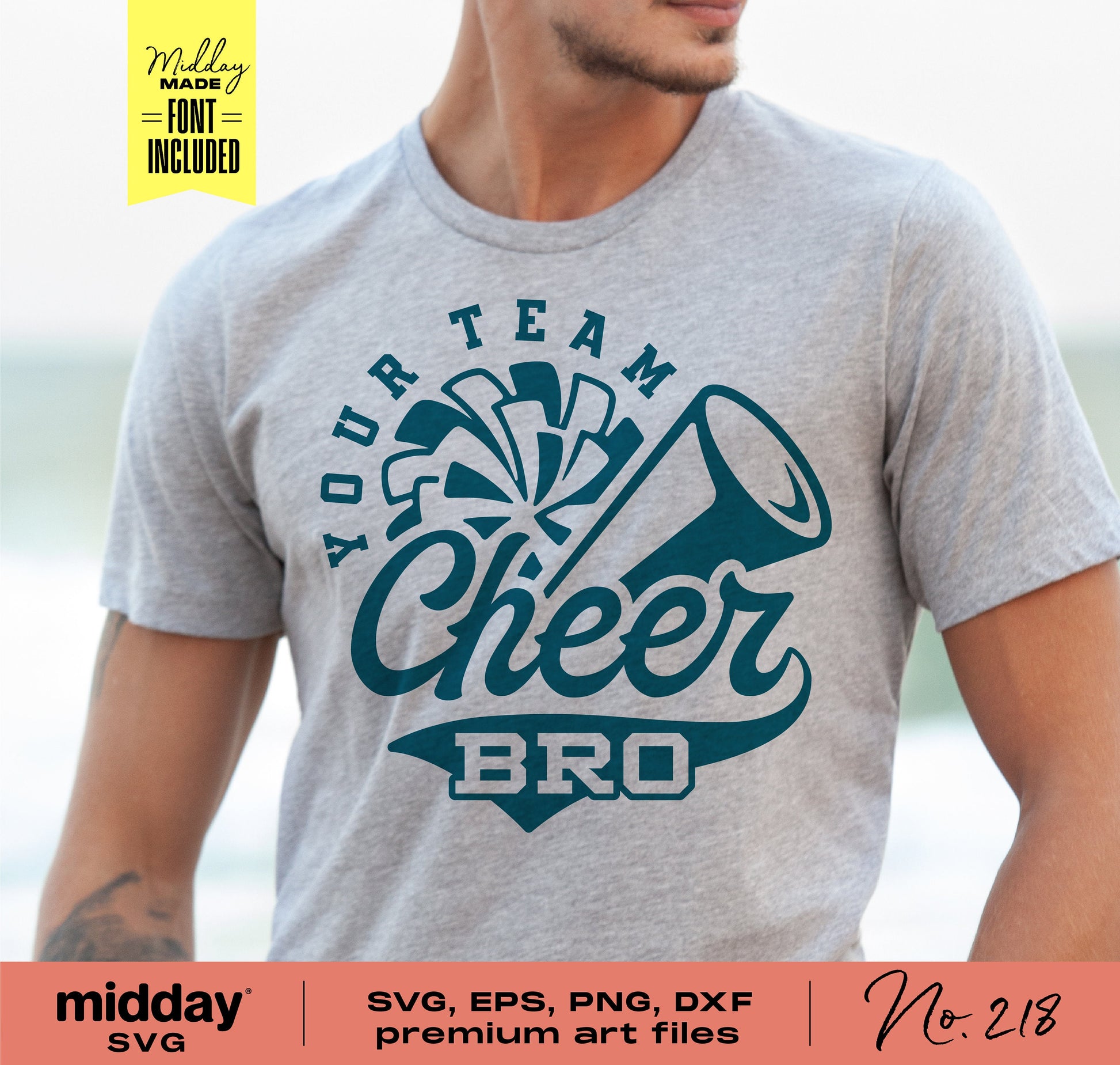 "Cheer Bro" SVG design on a t-shirt featuring a megaphone and pom-pom graphic, ideal for Cricut, Silhouette, and sublimation projects.