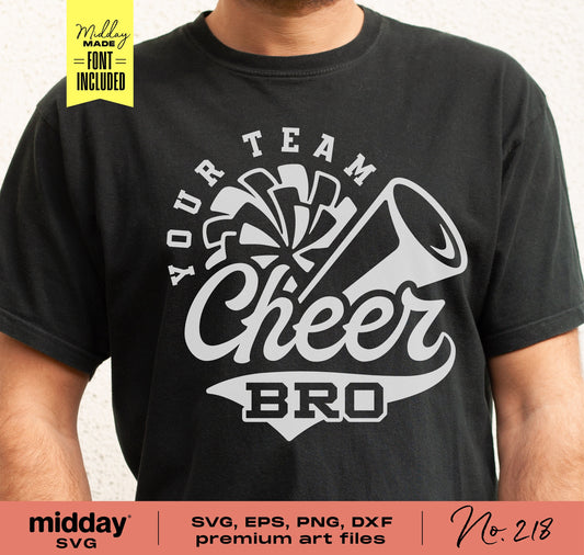 Cheer Bro t-shirt design featuring megaphone and pom-pom, available in SVG, EPS, PNG, and DXF formats for Cricut and Silhouette.