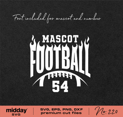 Football team template with flaming logo and number 54 in SVG, PNG, DXF, and EPS format for Cricut and Silhouette DIY projects.