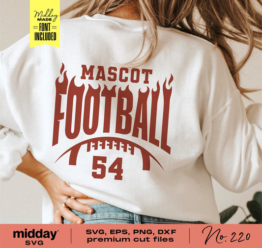 Back of shirt featuring flaming football team logo with 'Mascot Football 54,' SVG and font included for DIY design.