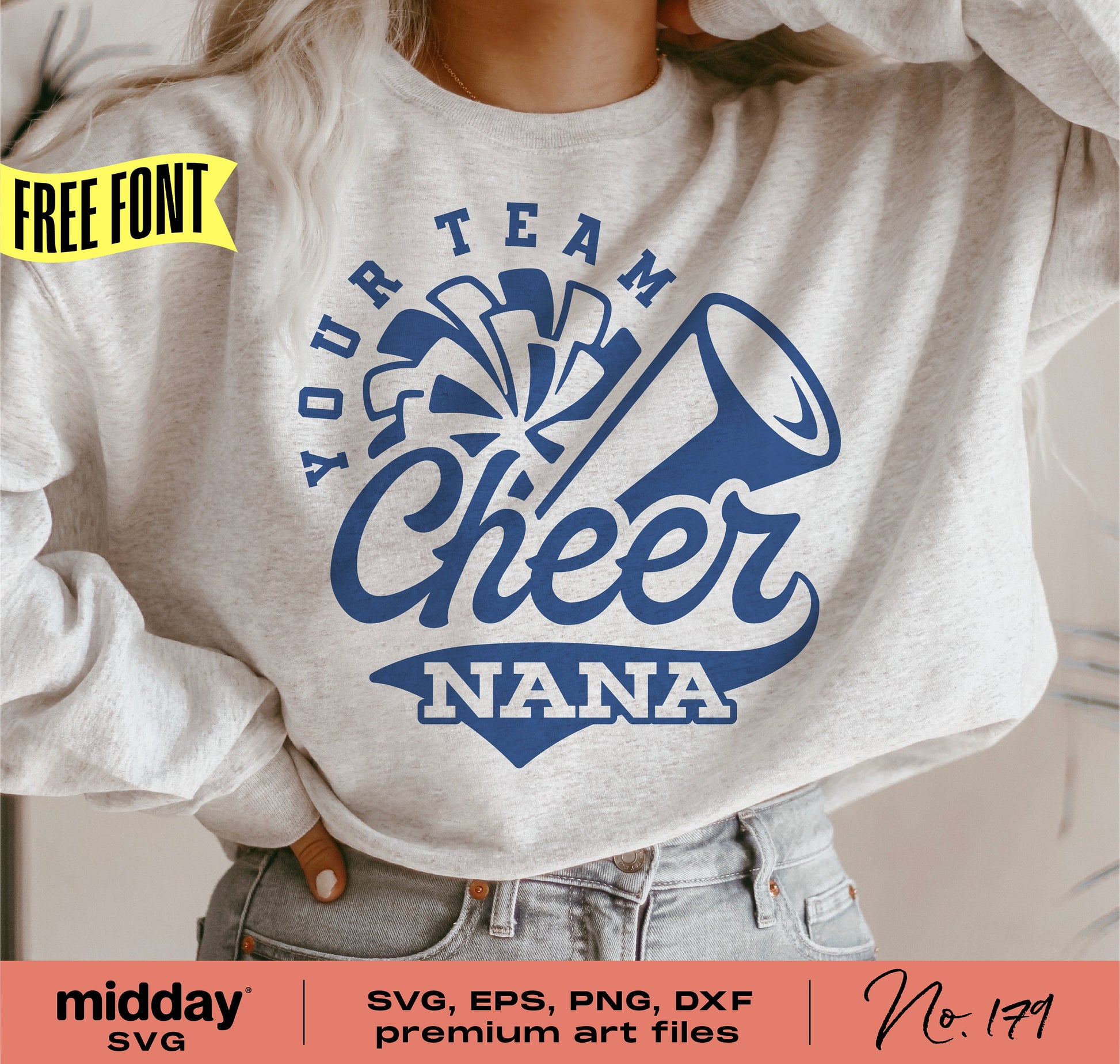 Cheer Nana shirt design with megaphone and cheerleader graphics, available in SVG, PNG, DXF, EPS formats for Cricut and Silhouette.