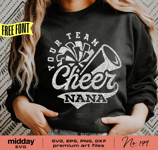 Cheer Nana shirt design on dark fabric with pom-pom and megaphone graphic, available in SVG, PNG, DXF, EPS formats for Cricut and Silhouette.