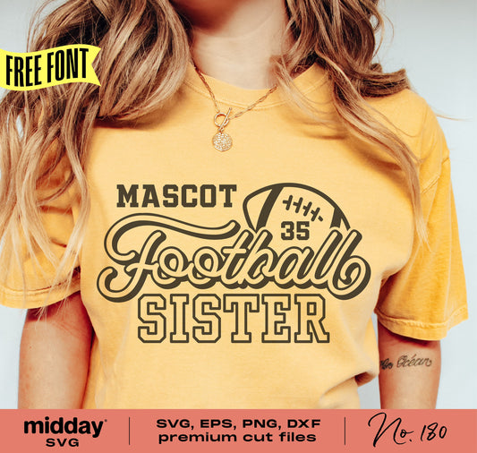 Woman wearing a yellow Football Sister shirt with customizable SVG design, ideal for Cricut and Silhouette projects.
