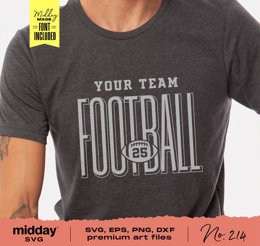 Football team shirt with customizable logo and player number, available as SVG, PNG, DXF, EPS files for Cricut and Silhouette.