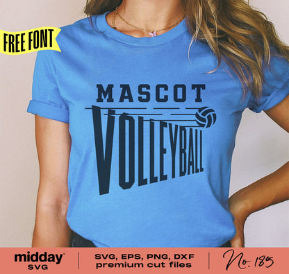 Blue shirt with volleyball team design, featuring 'Mascot Volleyball' text, suitable for Cricut and Silhouette cutting files.