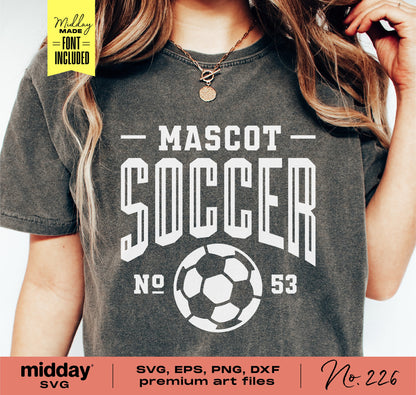 Person wearing a black t-shirt with 'Mascot Soccer No. 53' design, compatible with SVG, EPS, PNG, DXF art files, perfect for Cricut projects.