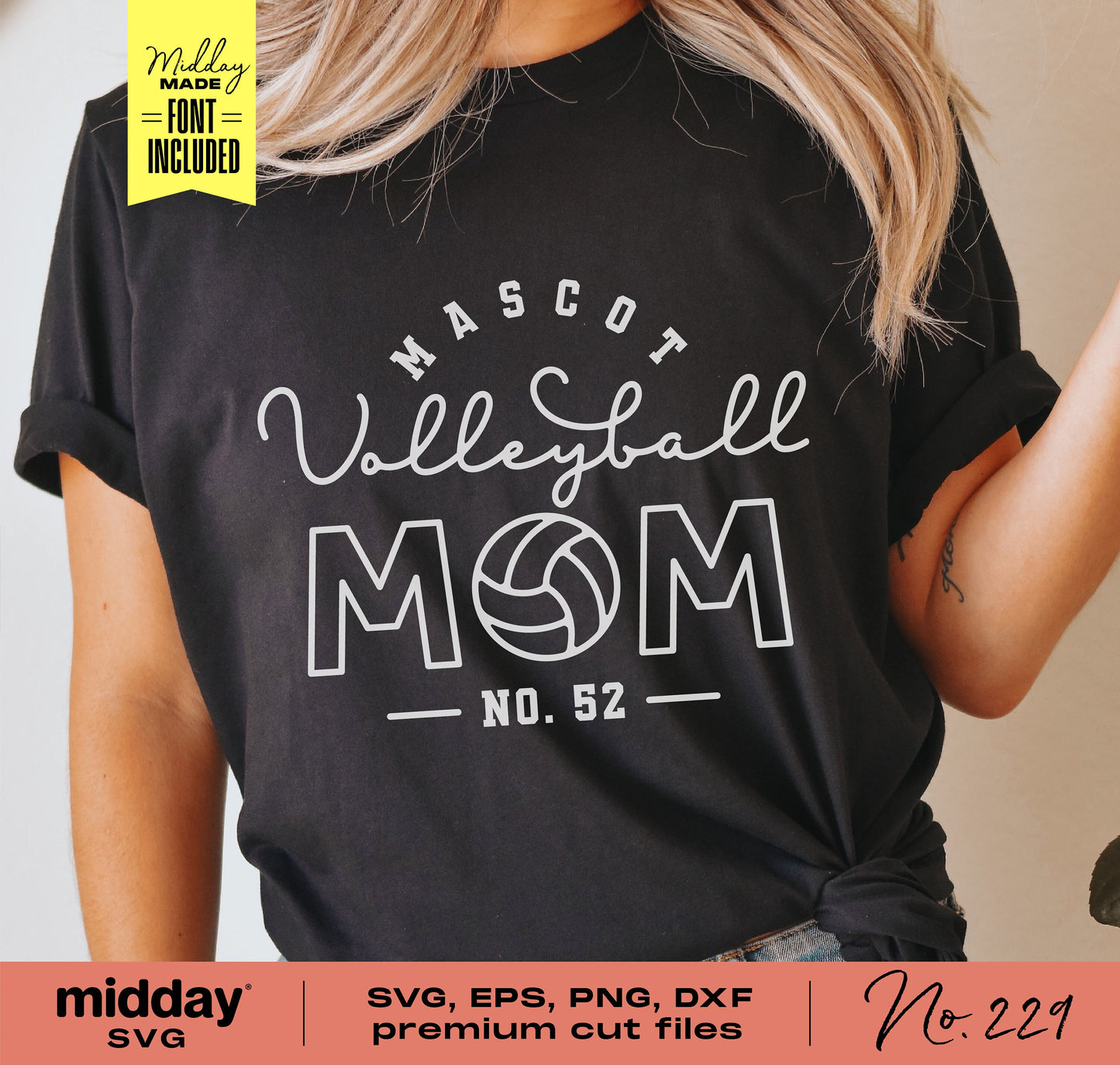 Black t-shirt with 'Mascot Volleyball Mom No. 52' design in white lettering, suitable for Cricut and Silhouette crafts.