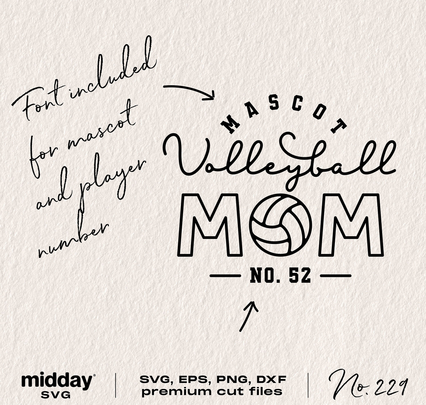Volleyball Mom SVG design with customizable mascot and player number, suitable for shirts, tumblers, Cricut and Silhouette projects.